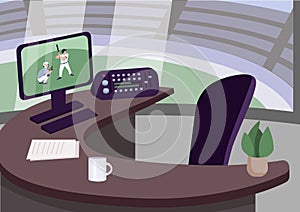 Sports commentator workplace flat color vector illustration photo