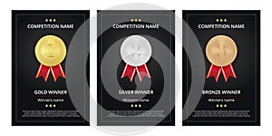 Sports competition winners banner, vector flyer layout with golden, silver, bronze medals
