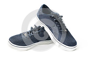 Sports dark blue sneakers on a white background with high soles. Isolated