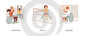 Sports for disabled kids isolated cartoon vector illustration set.