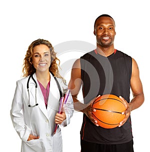 Sports doctor with basketball player