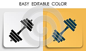 Sports dumbbell icon on paper square sticker with shadow. Healthy lifestyle, fitness in gym. Mobile app button. Vector