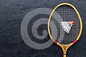 Sports eguipment of badminton racket and shuttlecock, top view