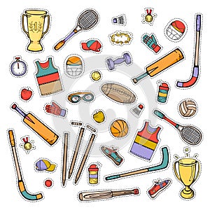 Sports equipment and accessories. Set of color vector icons in cartoon style isolated on white background.