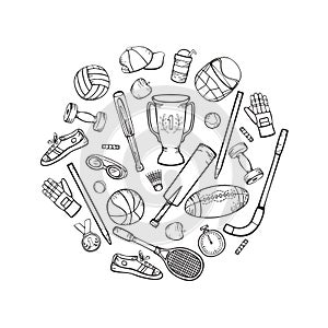 Sports equipment and accessories. Vector hand-drawing in cartoon style.