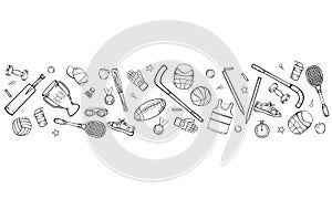 Sports equipment and accessories. Vector hand-drawing in cartoon style  isolated on a white background.