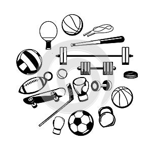 Sports equipment for athletes. Round composition. Set of tools. Symbol, icon. Isolated on white background. Monochrome