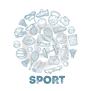 Sports equipment background. Sketch medal, basketball and rugby ball, skate and football helmet in circle composition