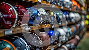 Sports equipment, balls and helmets for American football and rugby. Sportswear, shoes and bags for various sports