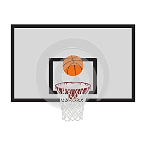 Sports equipment. Basketball hoop with net and ball, flat vector illustration.