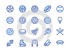 Sports Equipment Blue Line Icon. Vector Illustration Flat style. Included Icons as Sport Balls, Basketball, Handball