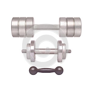 Sports equipment - different weight dumbbells on a white