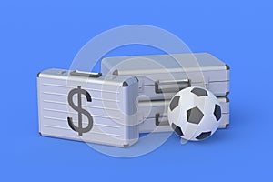 Sports Equipment. Fair play. Penalties and sanctions. Soccer ball near money briefcase