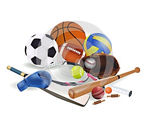 Sports equipment with a football basketball baseball soccer tennis ball volleyball boxing gloves cricket and badminton isolated on