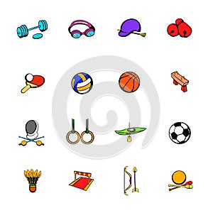 Sports equipment icons set cartoon