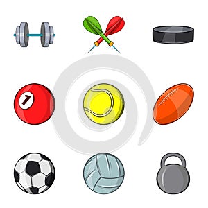Sports equipment icons set, cartoon style