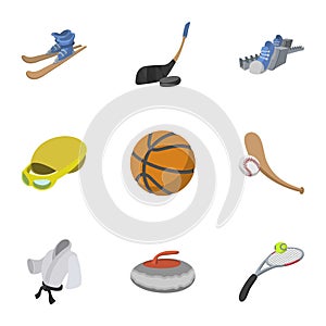 Sports equipment icons set, cartoon style