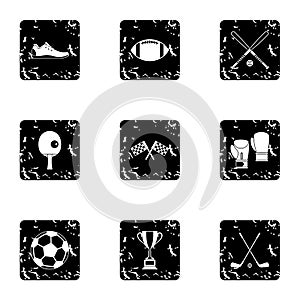 Sports equipment icons set, grunge style