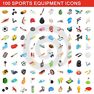 100 sports equipment icons set, isometric 3d style