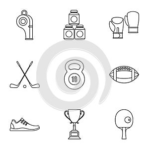 Sports equipment icons set, outline style