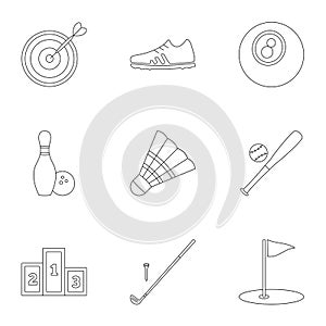 Sports equipment icons set, outline style