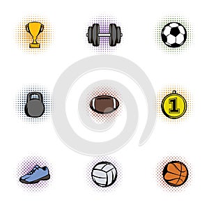 Sports equipment icons set, pop-art style