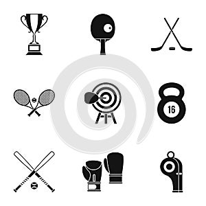 Sports equipment icons set, simple style