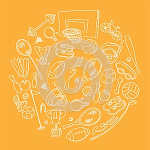 Gli sport dispositivi mano disegno impostato modello cerchio Viso illustrazioni sul arancia colore 
