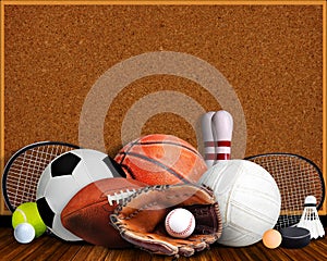 Sports Equipment, Rackets and Balls With Corkboard and Copy Space