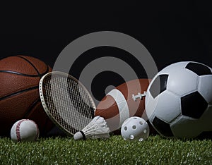 Sports equipment, rackets and balls on green grass with black background and copy space