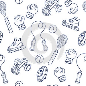 Sports equipment seamless pattern. Fitness items, racket, boxing gloves, sneakers, jump rope, fitness watch and dumbbells. Sports