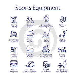 Sports equipment set. Fitness clothing, gym rowing
