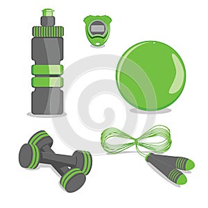 Sports Equipment. Vector. Ball, Bottle, Stopwatch, Jump rope