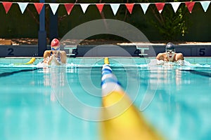Sports, event or people in swimming pool for competition training, workout or fitness together. Fast, water or cardio