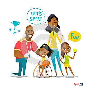 Sports family portrait. Handicapped Kid in wheelchairs playing ball and have fun.