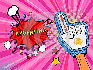 Sports fan male hand in glove raised up celebrating win of Argentina country flag. Argentina speech bubble with stars and clouds.