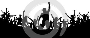 Sports fans audience. Soccer goal stadium. Cheerful people crowd applauding, silhouette