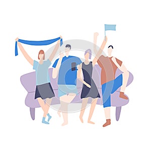 Sports fans watch a match together on the couch at home. Flat illustration on white background.