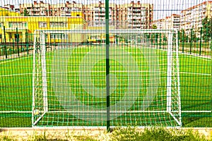 Sports field for minifootball and football gates close-up in a r