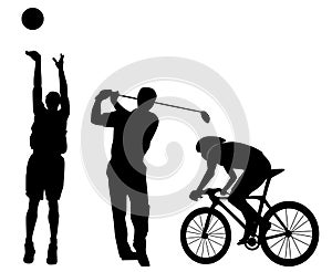 Sports figures silhouette, basketball, golf swing,