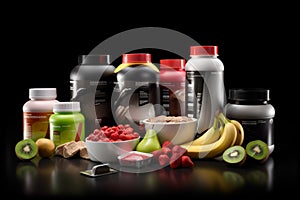 Sports and fitness nutrition supplements, protein cocktail. Chemistry for bodybuilding in gym. Generative AI