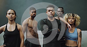 Sports, fitness and portrait of men and women in gym for training, exercise and workout class. Teamwork, motivation and