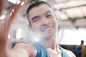 Sports, fitness and selfie with a woman in gym for training, exercise and health. Portrait of a young female athlete