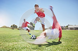 Sports, fitness and soccer, youth on field in summer sun for game, a young man ready to score goal. Football, motivation