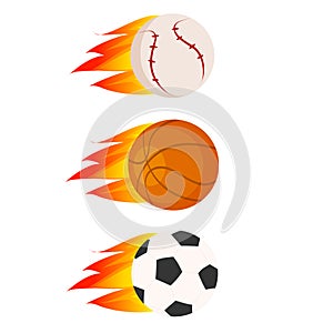 Sports Football Basketball Volleyball Tennis Balls in Fire Burn Burning Vector