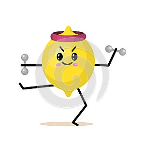 Sports fruit lemon character with dumbbells. Cute healthy vegetable and funny face. Happy food. vegetarian vitamin diet