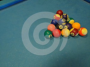 Multi-colored billiard balls on a pool table