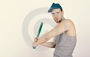Sports and game concept. Man in cyan green baseball hat