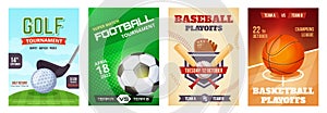 Sports game tournament poster, basketball playoff announcement flyer. Golf, football, baseball sport advertising posters