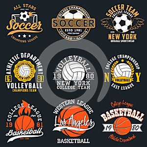 Sports game typography - soccer, volleyball and basketball. Set of athletic print for t-shirt design. Graphics for sport apparel.